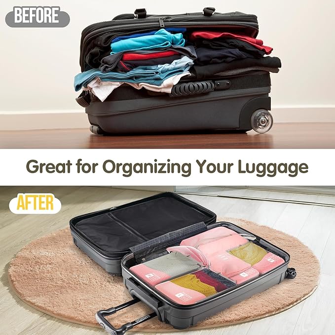 Compression Packing Cubes 8 Set, Dual Zipper Compression Packing Cubes for Travel, See-Through Mesh Packing Bags for Suitcase