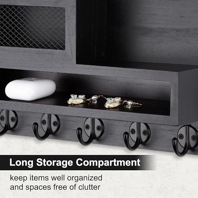Key and Mail Holder Wall Mount, Key Hanger with Long Storage Box and 5 Hooks for Coat, Dog Leash, Home Decor Rack, House Acce