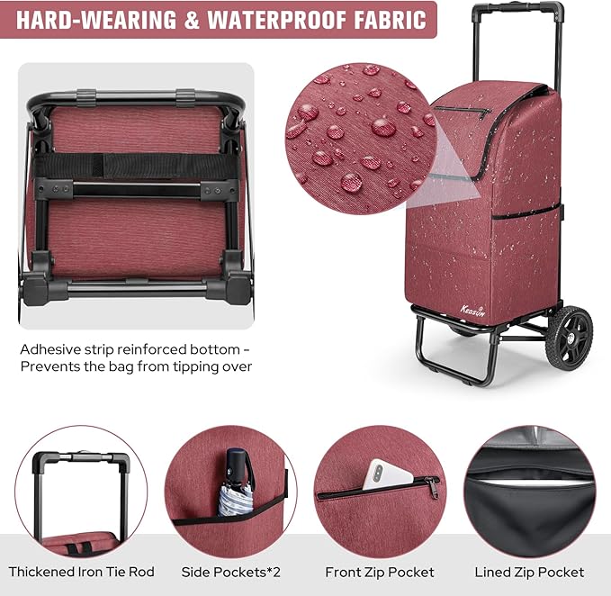 KEDSUM 2 in 1 Shopping Carts for Groceries, 330 lbs Grocery Cart on Wheels, Foldable Utility Carts with Wheels, Load-Bearing Hand Truck with Waterproof Bag for Shopping, Camping, Laundry, Garden, Red