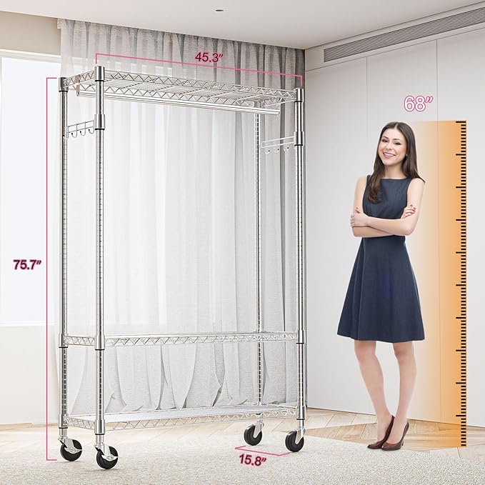 M MZG Heavy Duty Rolling Garment Rack 3 Tiers Adjustable Wire Shelving Clothes Rack with 1 Rods and Side Hooks,Storage Closet