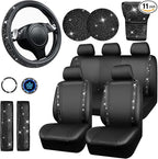 CAR PASS Leather Bling Seat Covers Full Sets 16 pcs, Bling Diamond Car Accessories Set for Women, Sparkly Rhinestone Steering