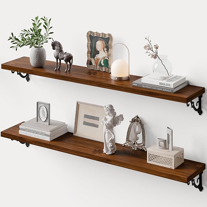 Solid Wood Floating Shelves for Wall with Metal Brackets,2 Tier 48 inch Pinewood Wall Shelf,Suitable for Multiple Places Such