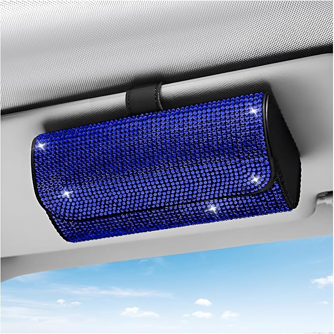 Sunglasses Holder for Car Sun Visor, Bling Leather Eyeglasses Visor Storage Case with Hidden Magnetic Closure, Sparkling Auto Visors Protective Organizer Storage Box (Blue)
