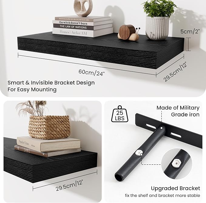 Fun Memories 24 Inch Floating Shelves Wall-Mounted, 12 Inch Deep Wall Shelves, 24 x 12 Floating Shelf, Deep Storage Shelf for