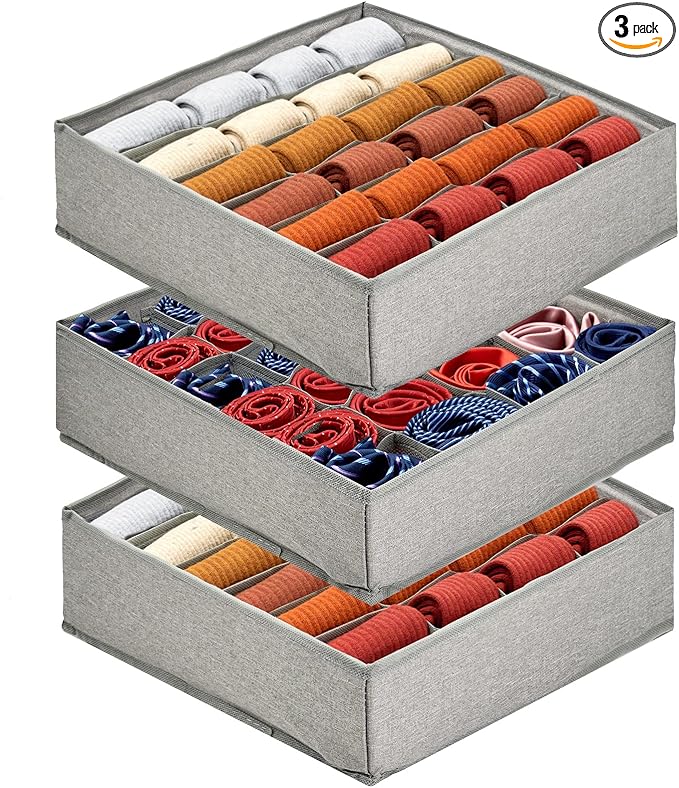 3 Pack 72-Cell Fabric Sock Organizer and Tie Organizer For Men - Fabric Foldable Drawer Divider for Socks, Underwear, Ties an