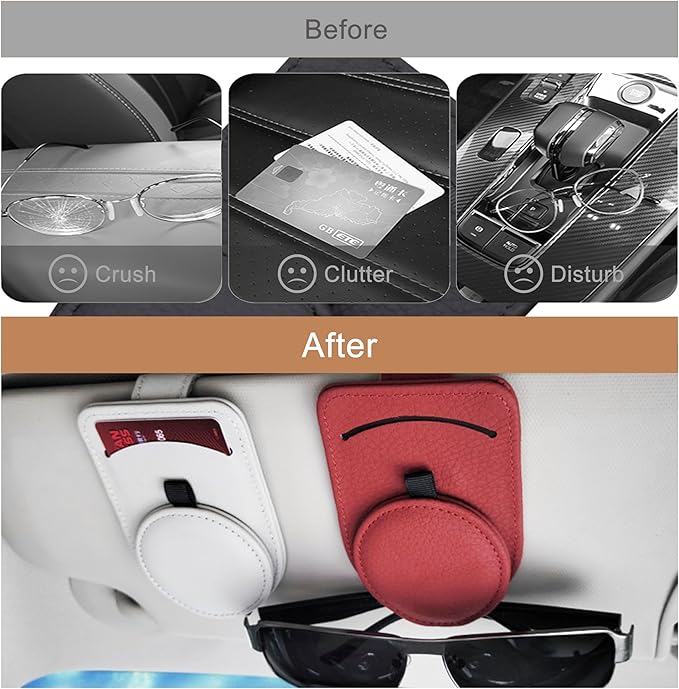 Sunglasses Holder for Car, Genuine Leather, Magnetic Closure, Card Pocket, Universal Fit for All Glasses, Black, Sun Visor Organizer