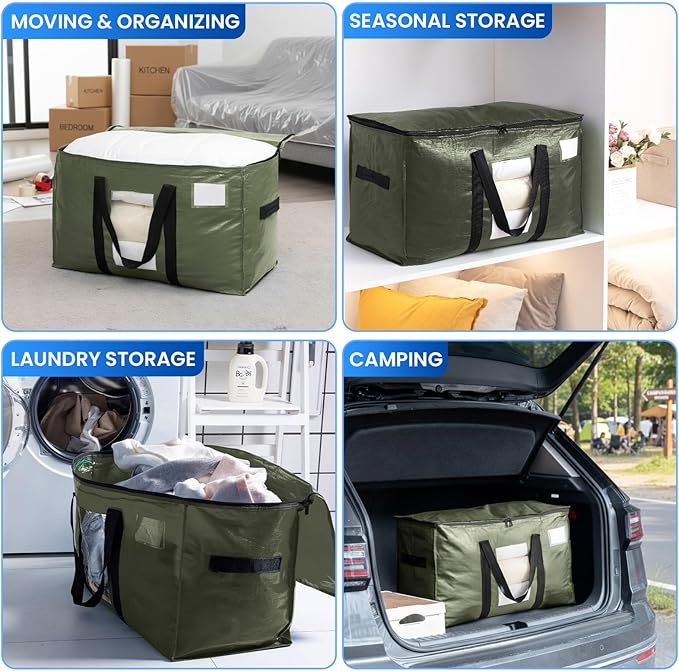 TAILI 6 Pack Green Extra Large Moving Bags, Heavy Duty Totes with Visible Window, Wrap Around Handles, Space-Saving Storage, 