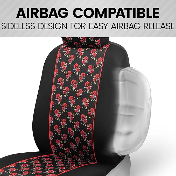 BDK Red Rose Car Seat Covers for Front Seats, 2 Pack – Flower Pattern Front Seat Cover Set with Matching Headrest, Sideless D