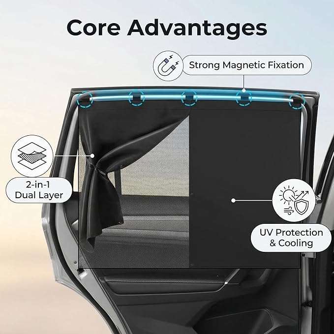 Ovege 2-Pack Magnetic Car Window Shades - Double Layer UV Protection for Side Windows | Privacy Sunshade Covers for Babies, Pets & Kids | Easy Install Car Curtains