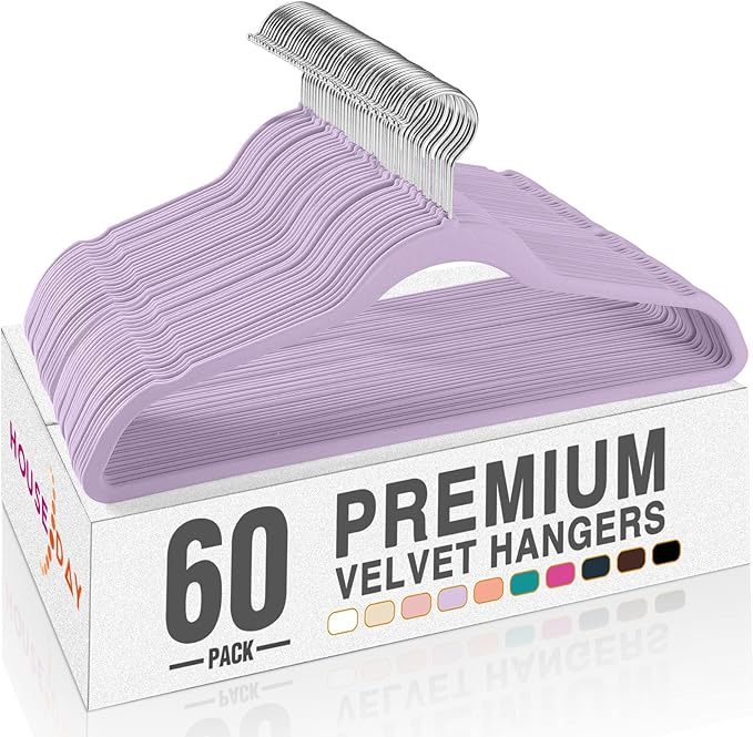 HOUSE DAY Lt-Purple Velvet Hangers 60 Pack, Non Slip Clothes Felt Hanger Heavy Duty for Coat, Premium Slim Space Saving Suit 