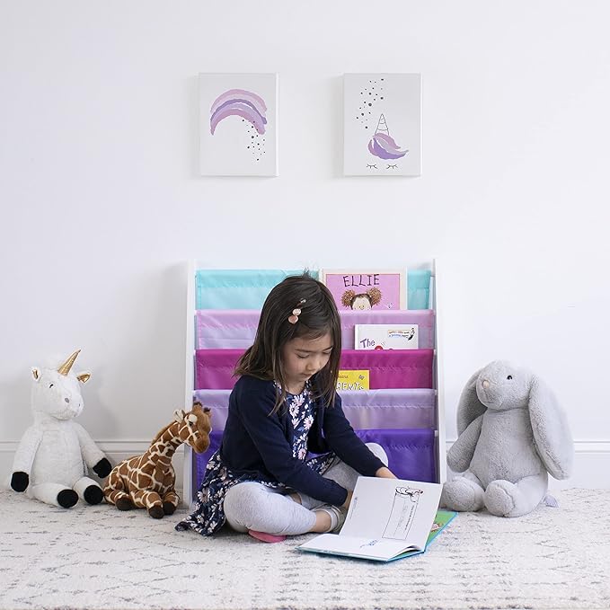 Humble Crew 4-Tier Kids Bookshelf, White/Pink/Purple/Blue - Premium Book Shelf for Kids Rooms with Four Deep Pockets - Toddle