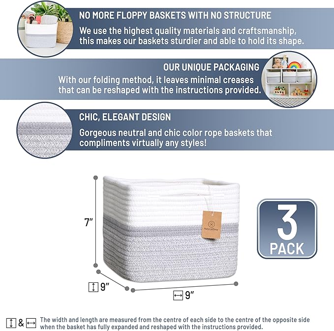 NaturalCozy Storage Cubes 9”x9”x7”Cotton Rope Woven Baskets for Organizing 3-Pack | 9 Inch Cube Storage Bin | Small Basket fo