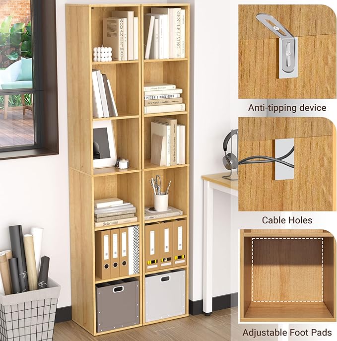 Cube Shelf Organizer, 6 Cube Oak Open Shelf, Freestanding 6-Tier Low Bookcase, DVD Shelf & Lego Display for Living Room, Bedr