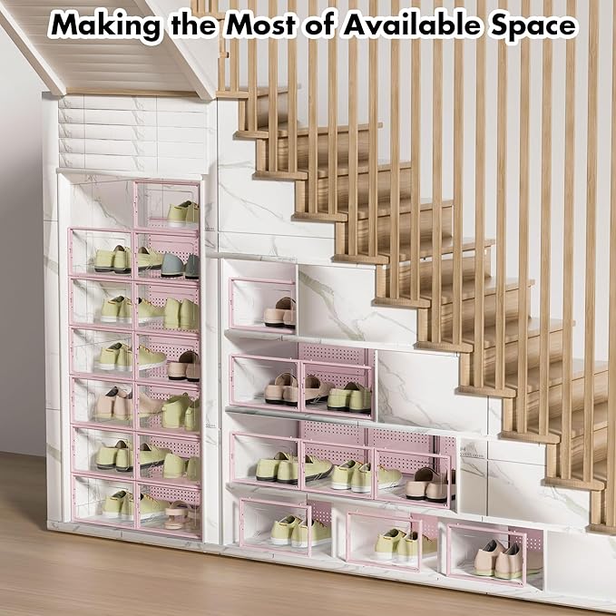 Foluck Shoe Storage Box, 15 Pack Clear Plastic Stackable Shoe Organizer for Closet, Interlocking Design Shoe Container Bins f