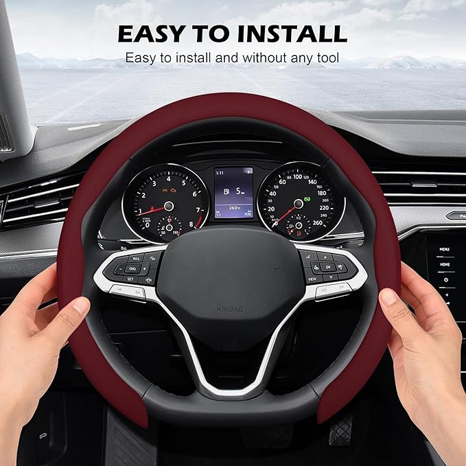 Frani Nappa Leather Steering Wheel Cover,Universal Fit 15 Inch-Premium Non-Slip Breathable Comfort Grip for Cars Trucks SUVs,Anti-Slip Durable Interior Upgrade Wine Red