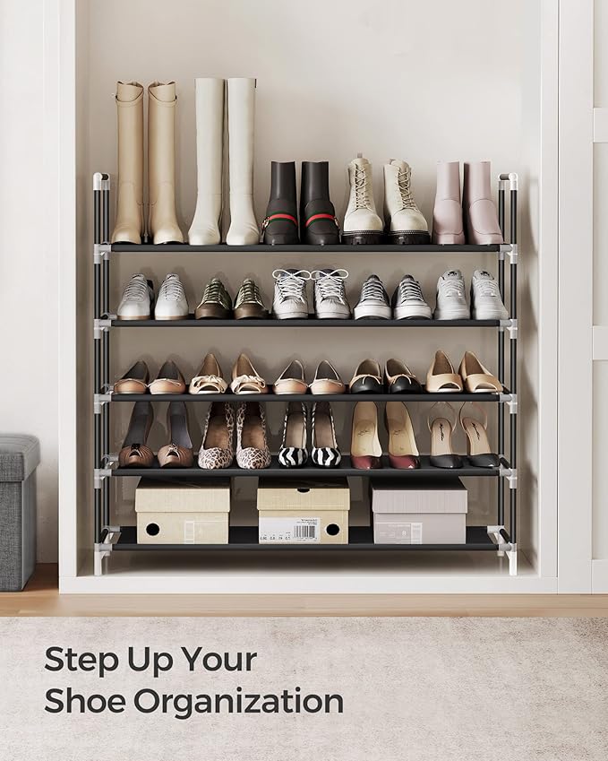SONGMICS 5-Tier Shoe Rack, Shoe Storage for Hallway Closet, Slim and Space-Saving, Metal Frame, Non-Woven Fabric Shelves, Bla