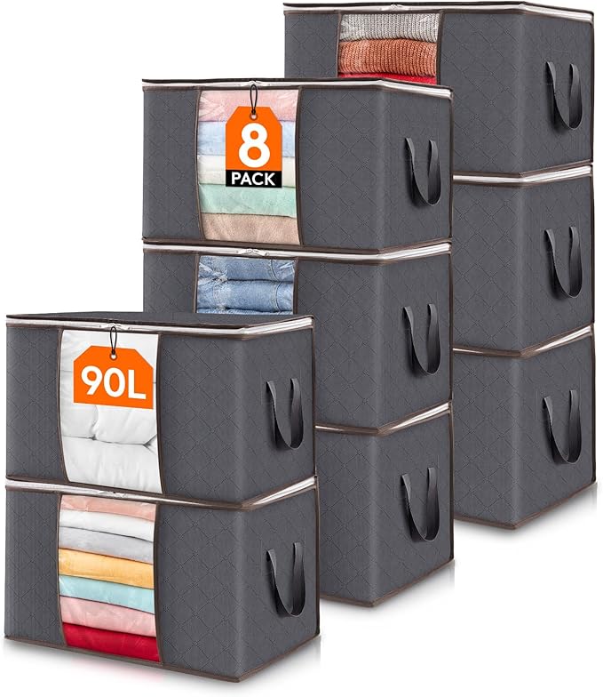 Lifewit 8 Pack 90L Clothes Storage Bins with Lids, Foldable Blanket Storage Bags with Zippers, Clear Window and Reinforced Ha