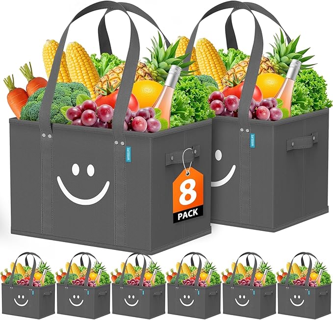 WISELIFE Reusable Grocery Bags 8 Pack - Collapsible Tote Shopping Bags with Sturdy Handles & Bottom to Stands Upright, Grey