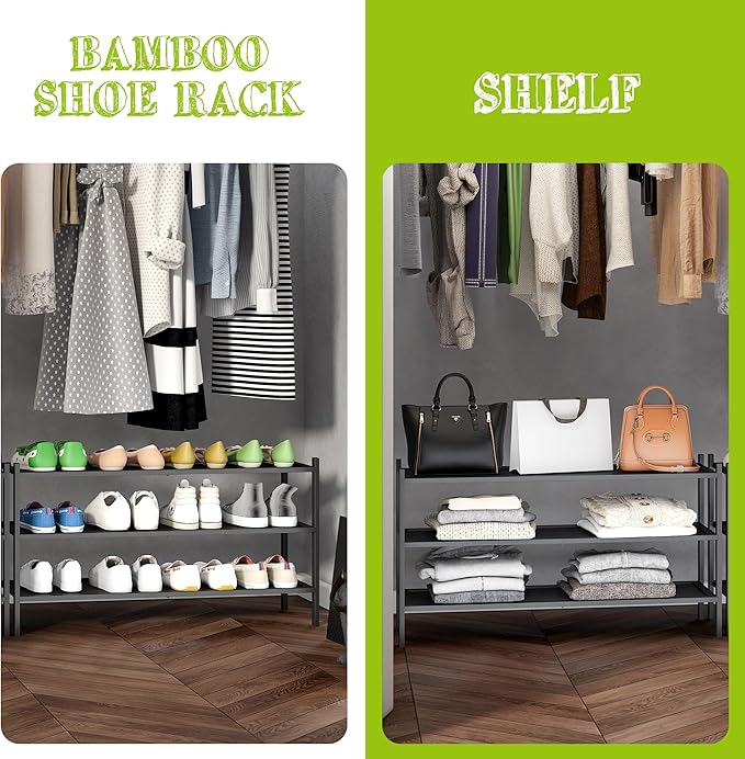 BMOSU 3-Tier Bamboo Extended Shoe Rack Premium Stackable Shoe Shelf Storage Organizer for Hallway Closet Living Room Entryway