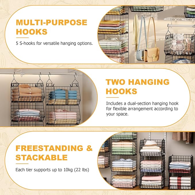 X-cosrack 7 Tier Foldable Hanging Closet Organizer and Storage,Wire Closet Shelving with 4 Large Hooks+ 5 S Hooks,Hanging Bas