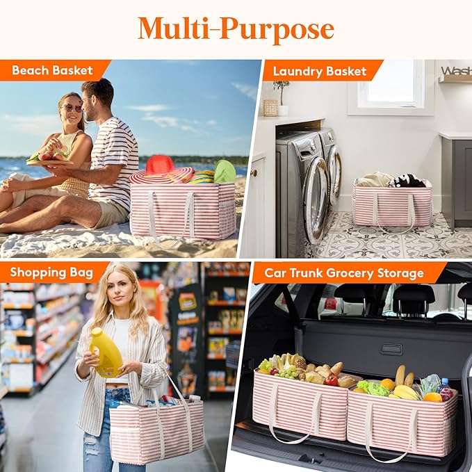 Lifewit Extra Large Tote Bag, Reusable Grocery Bags with Metal Wire Frame and Handles, Standing Utility Foldable Shopping Bags for Storage, Picnics, Beach, Laundry, Car, 46L, 1 Pack, Pink
