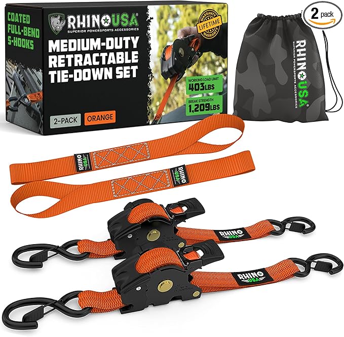 Rhino USA Retractable Ratchet Straps (2-Pack) - 1 Inch x 10 Feet (1,209lb Break Strength) - Auto Self Retracting Tie Down Straps for Truck, Cargo Trailer, Motorcycle, ATV, UTV - Orange