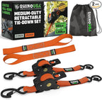 Rhino USA Retractable Ratchet Straps (2-Pack) - 1 Inch x 10 Feet (1,209lb Break Strength) - Auto Self Retracting Tie Down Straps for Truck, Cargo Trailer, Motorcycle, ATV, UTV - Orange