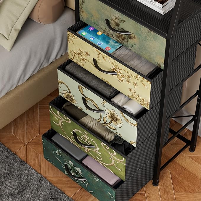 Furnulem Retro 5 Drawers Dresser, Tall Dressers for Bedroom, Closet, Hallway, Nursery, Fabric Storage Tower Organizer, Vertic