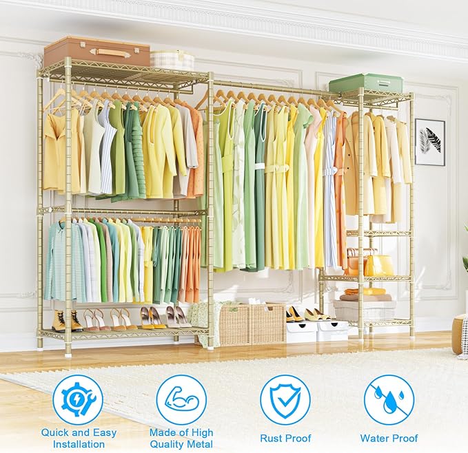 Ulif E10 Clothes Rack（With Stretchable Hanger Rod）Freestanding Clothing Racks for Hanging Clothes，Adjustable Closet Organizer