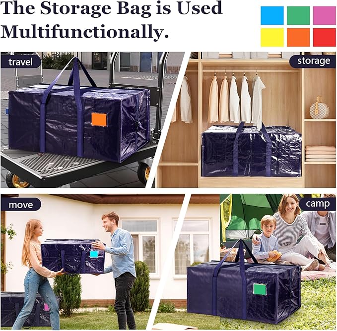 12 Pack Moving Bags with Full-Open Side Zipper, Extra Large 93L Heavy Duty Waterproof Foldable Storage Totes for College