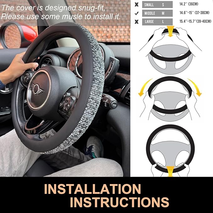 PINCTROT Chenille Leather Steering Wheel Cover, Soft Mottled Colors, Sweat-Proof, Non-Slip Grip, All-Season Comfort, Universa