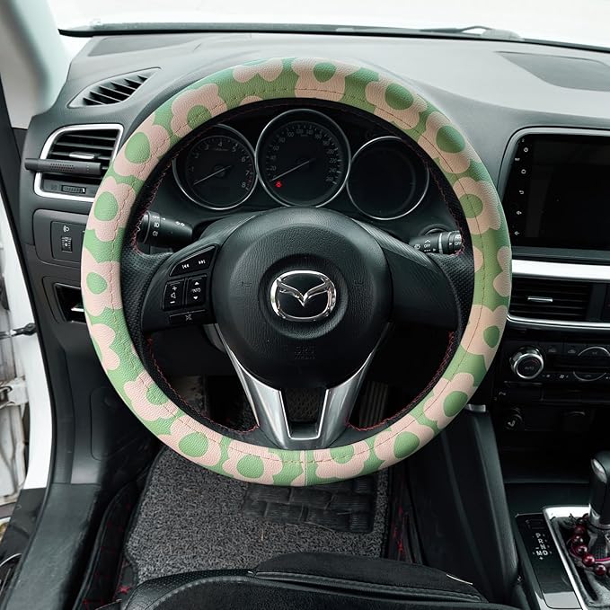 Microfiber Leather Steering Wheel Cover 14.5-15 inch, Green Floral Design, Anti-Slip Rubber Inner, Universal Fit for Cars, Tr