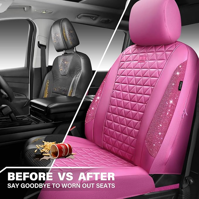 CAR PASS Hot Pink Bling Diamond Leather Car Seat Covers Full Sets, Waterproof Shining Glitter Sparkly Crystal Universal Armre