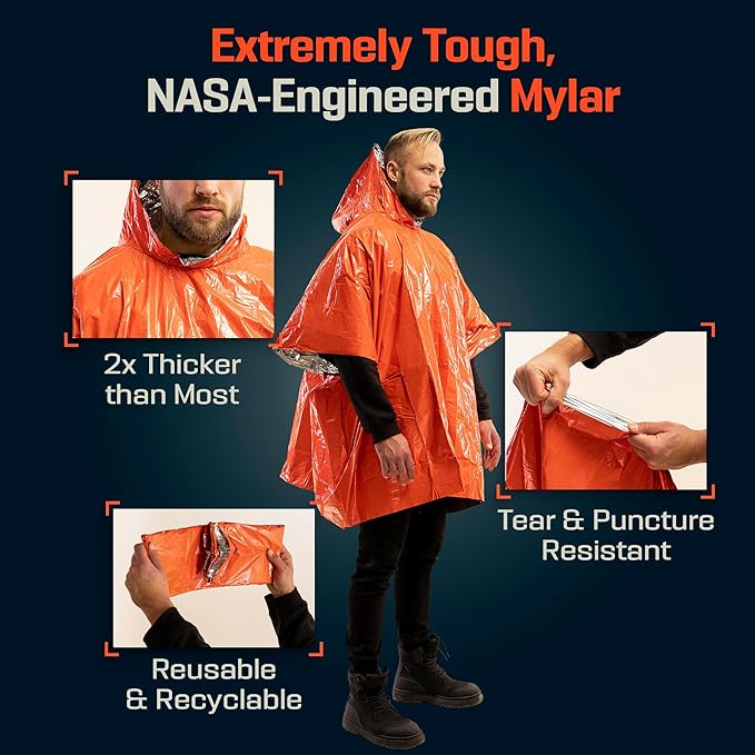 PREPARED4X Emergency Mylar Poncho – Survival Rain Poncho with Hood – Lightweight, Compact, Reusable Emergency Blanket Poncho 