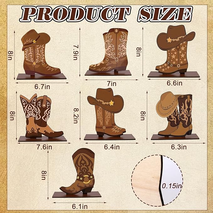 FYSUIMU 7 Pcs Western Cowboy Boots Wooden Centerpieces Western Brown Boot Shape Retro Wood Tabletop Signs for Tables for Rode