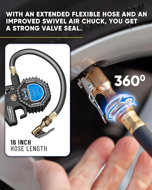 Digital Tire Pressure Gauge with Inflator (3-200 PSI), Heavy Duty Air Chuck and Compressor Accessories with Swivel Air Chuck, Longer Hose, Large Display (0.1 Res)