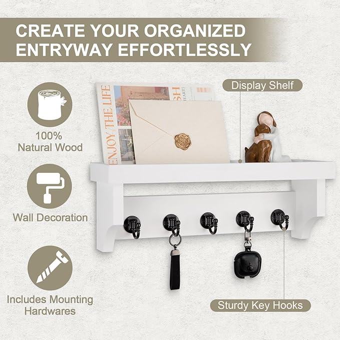 Key and Mail Holder Wall Mount, Key Holder with Shelf and Mail Organizer Wall Mount. Mail Holder with 5 Hooks for Coat, Dog L