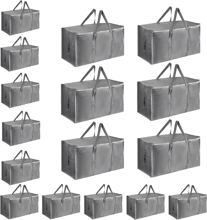 16 Pack-Extra Large Heavy Duty Moving Bags - Waterproof Storage Totes with Handles & Zippers, Foldable for College Dorm, Stor