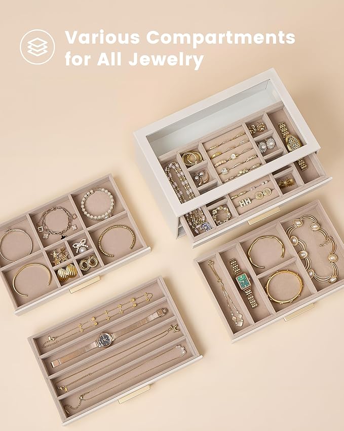 Lolalet Jewelry Box Organizer, 4-Layer Jewelry Organizers and Storage Case with Glass Lid, Ring Earring Bracelet Necklace Hol