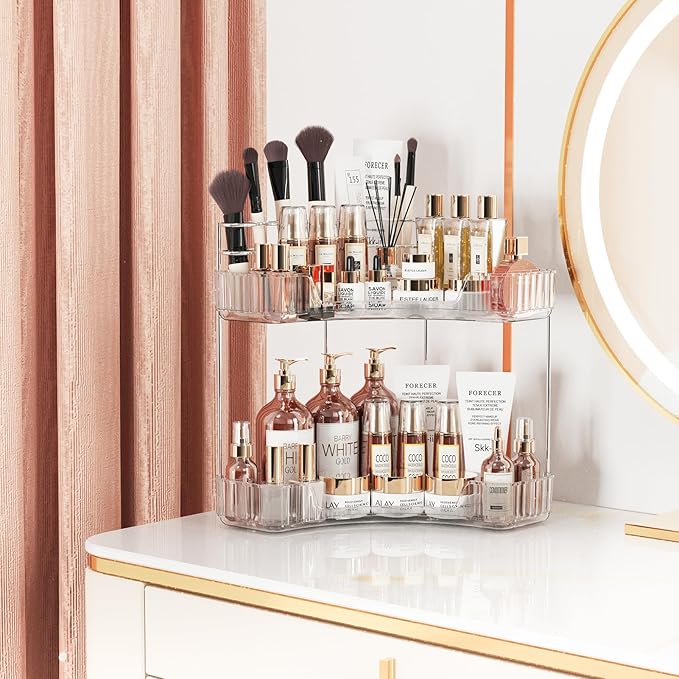 Asayuee 2-Tier Corner Bathroom Counter Organizer with Top Toothbrush Holders,Large Makeup Organizer Countertop with Brush Hol