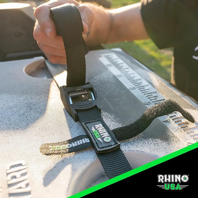 Rhino USA Lashing Straps Cargo Tie Downs (4PK) - 1,320lb lab Inspected Max Break Strength, Includes (4) Heavy Duty 1in x 12ft Cam Buckle Pull Straps. Best for Kayak, Cooler, Cargo