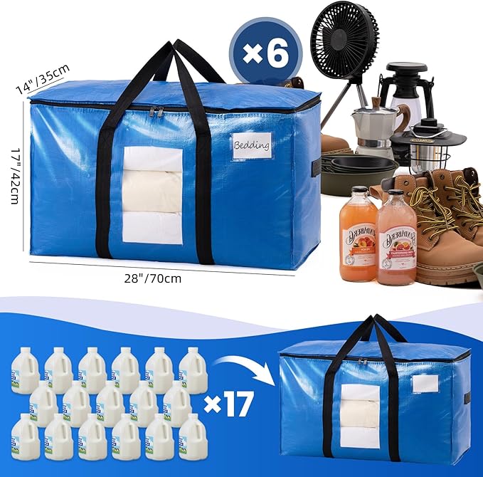 TAILI Extra Large Moving Bags, 6 Pack Blue Heavy Duty Totes For Storage with Visible Window, Wrap Around Handles, Storage Bag