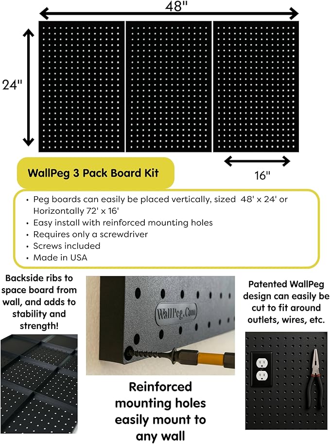 WallPeg 24" x 48" Pegboard Wall Organizer - Kit (PK-312-B) Peg Board Organizer Accessories for Garage pegboard Storage, Tool 