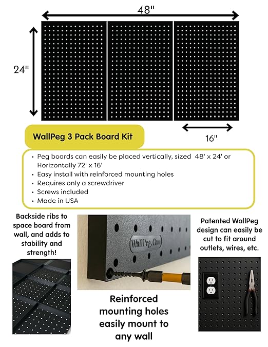 WallPeg Pegboard Kit - 3 ea. 24"x16" Black Peg Boards Panels - Made in USA