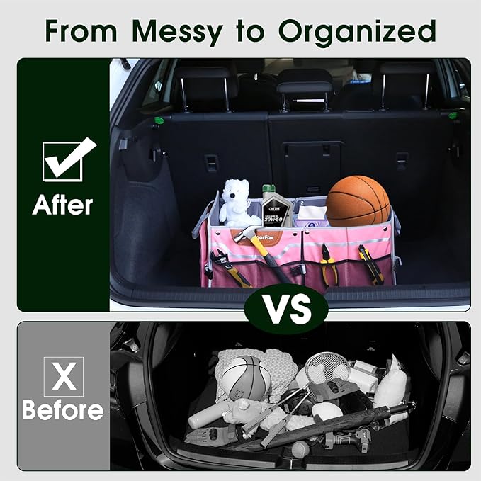 Car Trunk Organizer for SUV, 70L Heavy Duty Waterproof Trunk Organizer, Foldable Vehicle Organizer with Anti-Slip Base, 24x13.