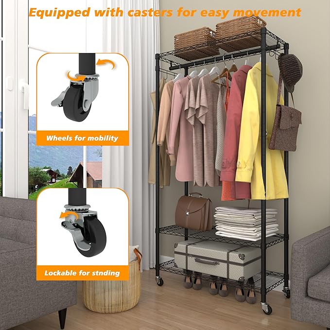 Rolling Portable Garment Rack,Freestanding Clothes Racks, Portable Closet Wardrobe with 3 Adjustable Wire shelves,2 Side Hook