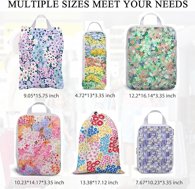 6 Pcs Compression Packing Cubes Waterproof Suitcase Travel Bag Luggage Backpack Organizer Travel Cubes for Packing-Small Flor