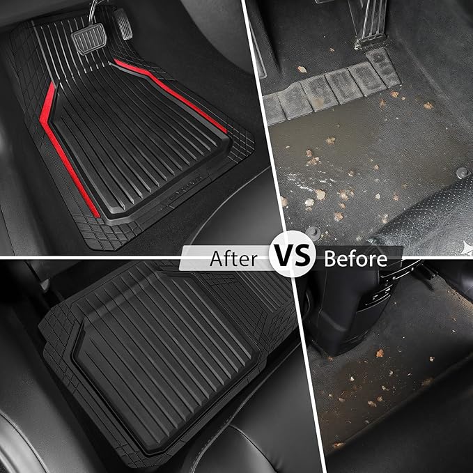 CAR PASS Heavy Duty Rubber Floor Mats for Car, Waterproof Liner Deep Dish Car Mats Full Sets, Universal Trim to Fit for SUV Truck Sedans Vans, All Weather Automotive Floor Mats 3pcs, Black Red
