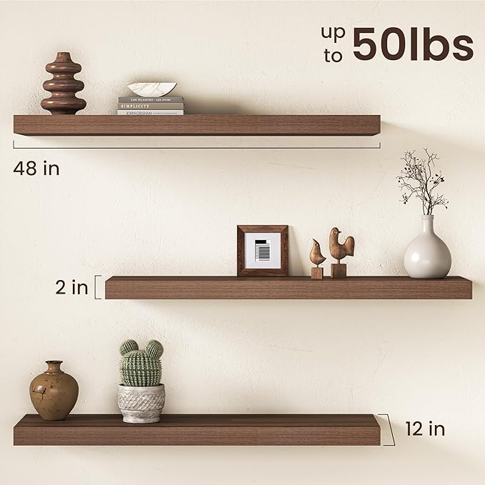 Walnut Floating Shelves 48Inch Long, 12 Inch Deep Floating Shelves for Wall, 48 x 12 Large Floating Shelf for Fireplace Mante