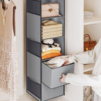 YOUDENOVA Hanging Closet Organizer, 5 Tier Hanging Closet Shelves with 6 Side Pockets and 2 Drawers, Light Grey